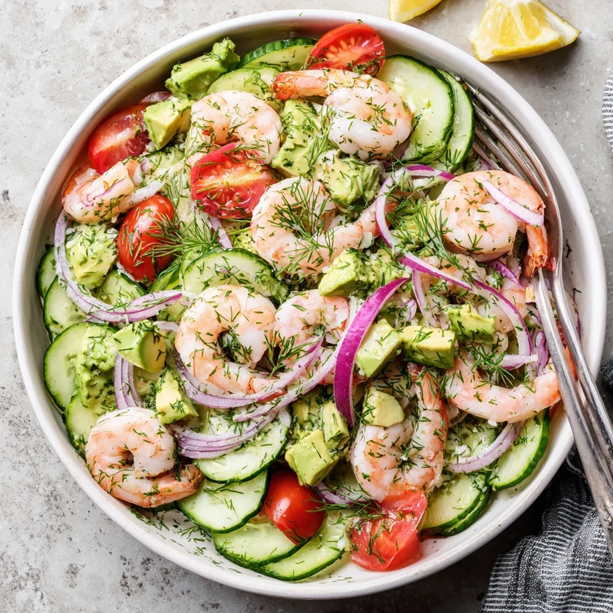 Elegant plated cucumber shrimp salad garnished with fresh green dill and a light herb dressing for summer dining