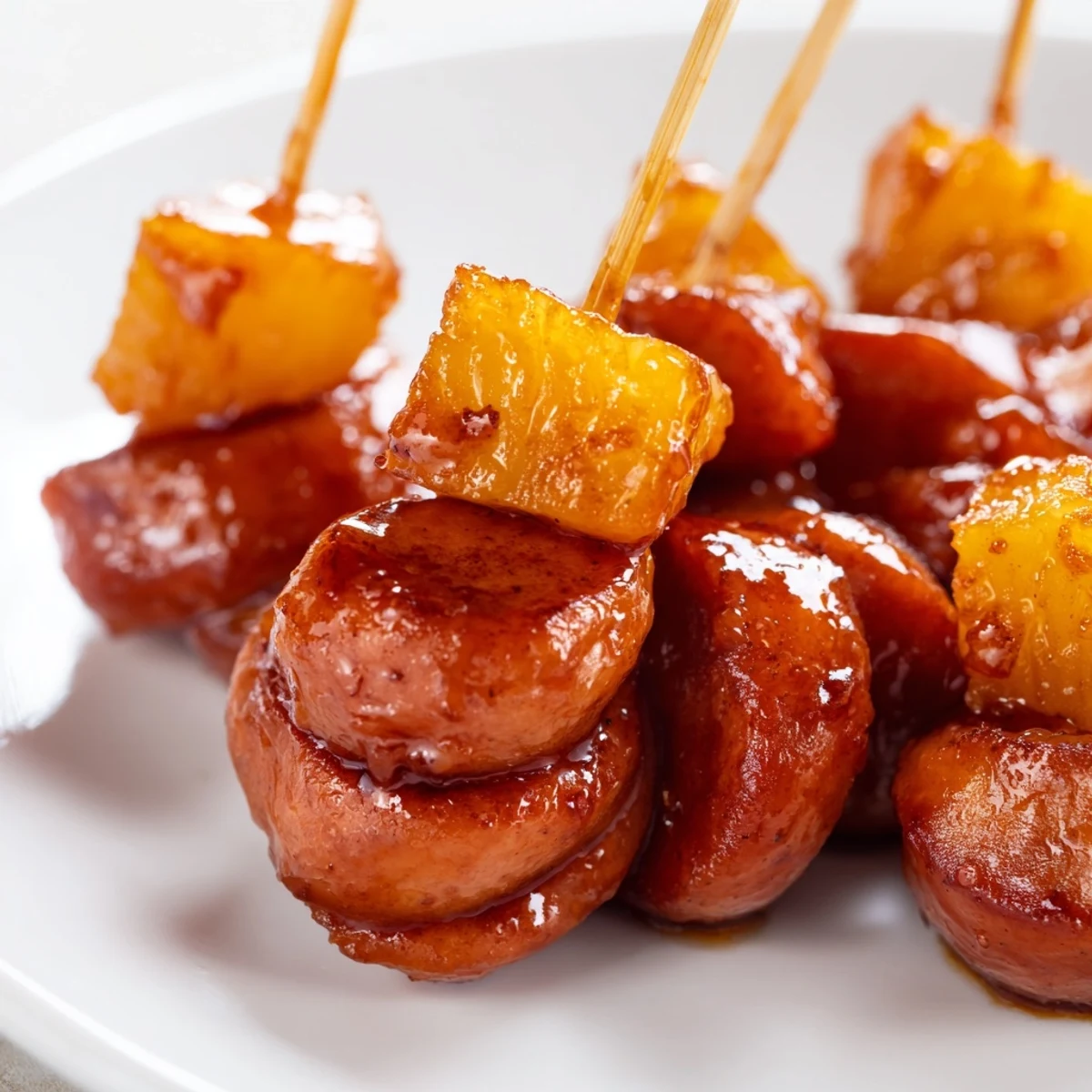 Savory smoked sausage slices and chunked pineapple brushed with sweet tangy barbecue glaze