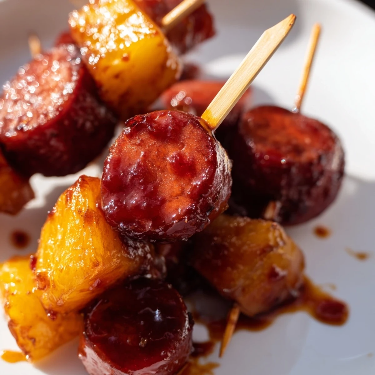 Golden glazed kielbasa pineapple bites arranged on a serving platter with sticky caramelized coating