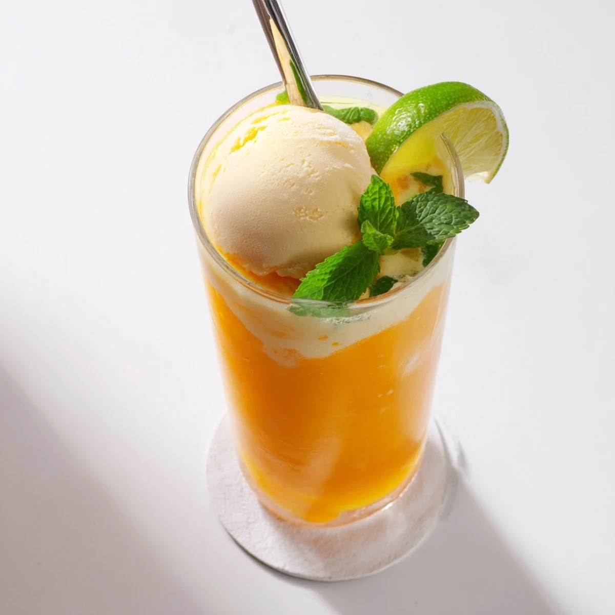 Golden mango ginger float topped with melting vanilla ice cream and fresh mint garnish