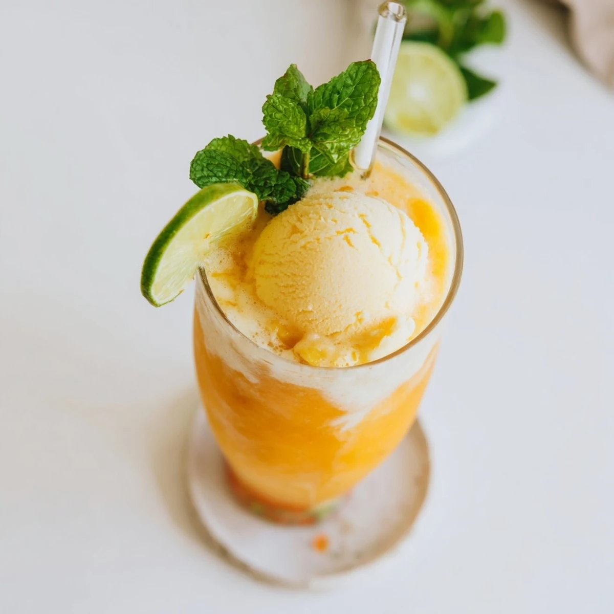 Refreshing mango ginger rebel float with creamy vanilla scoop in tall glass over ice