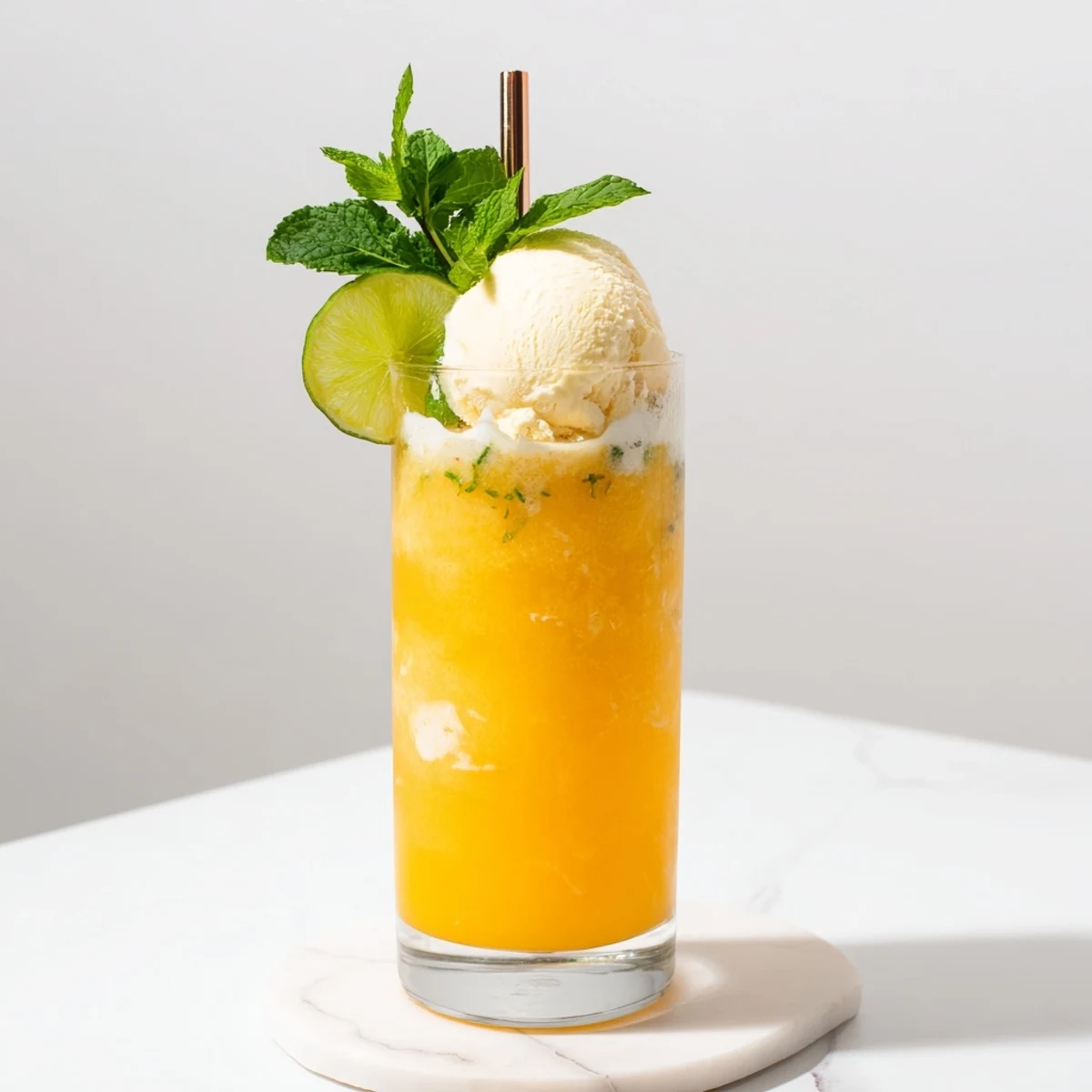 Tropical mango ginger beverage featuring fizzy sparkling water and vanilla ice cream floating atop