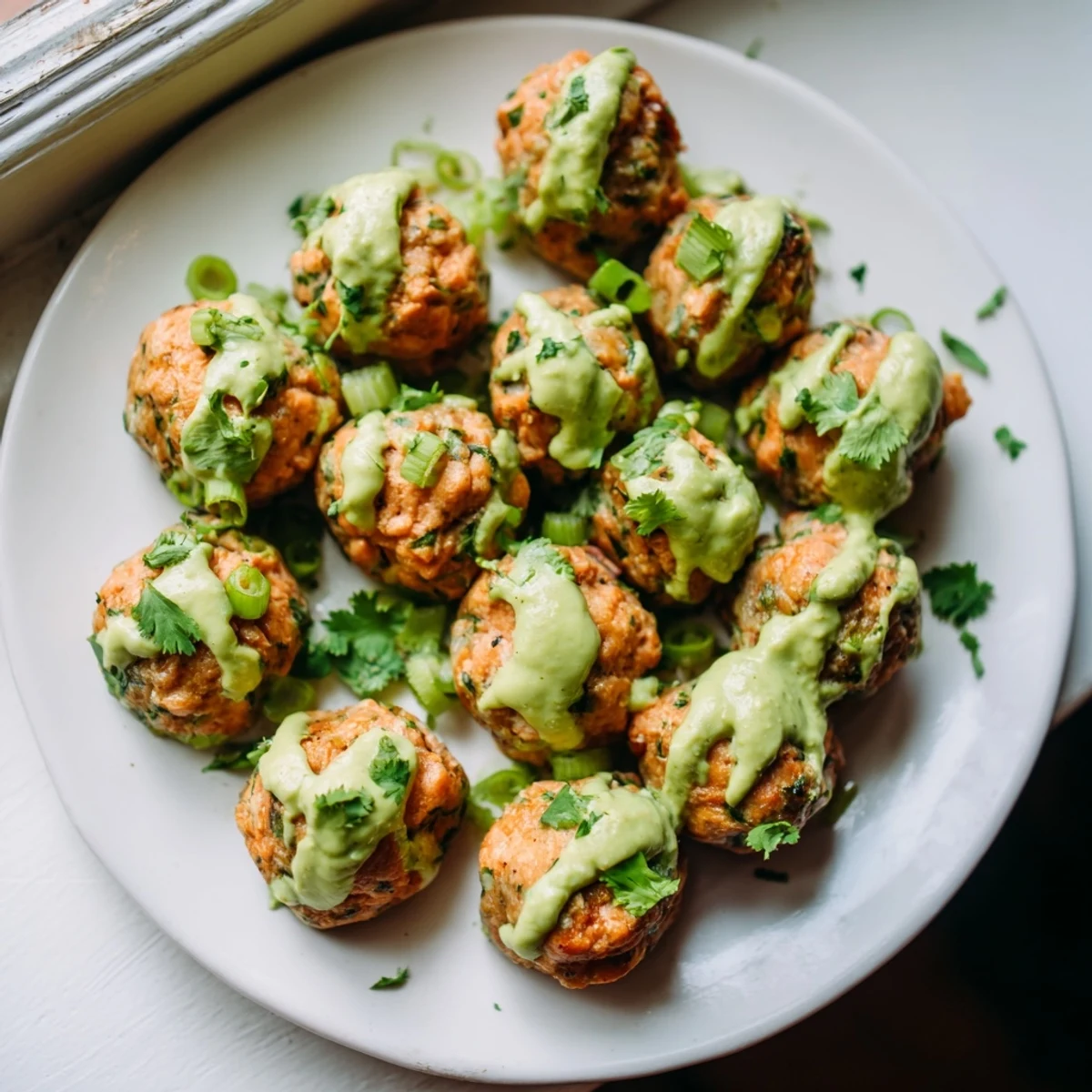 Golden baked salmon meatballs arranged on a white plate with vibrant green avocado sauce drizzled over the top