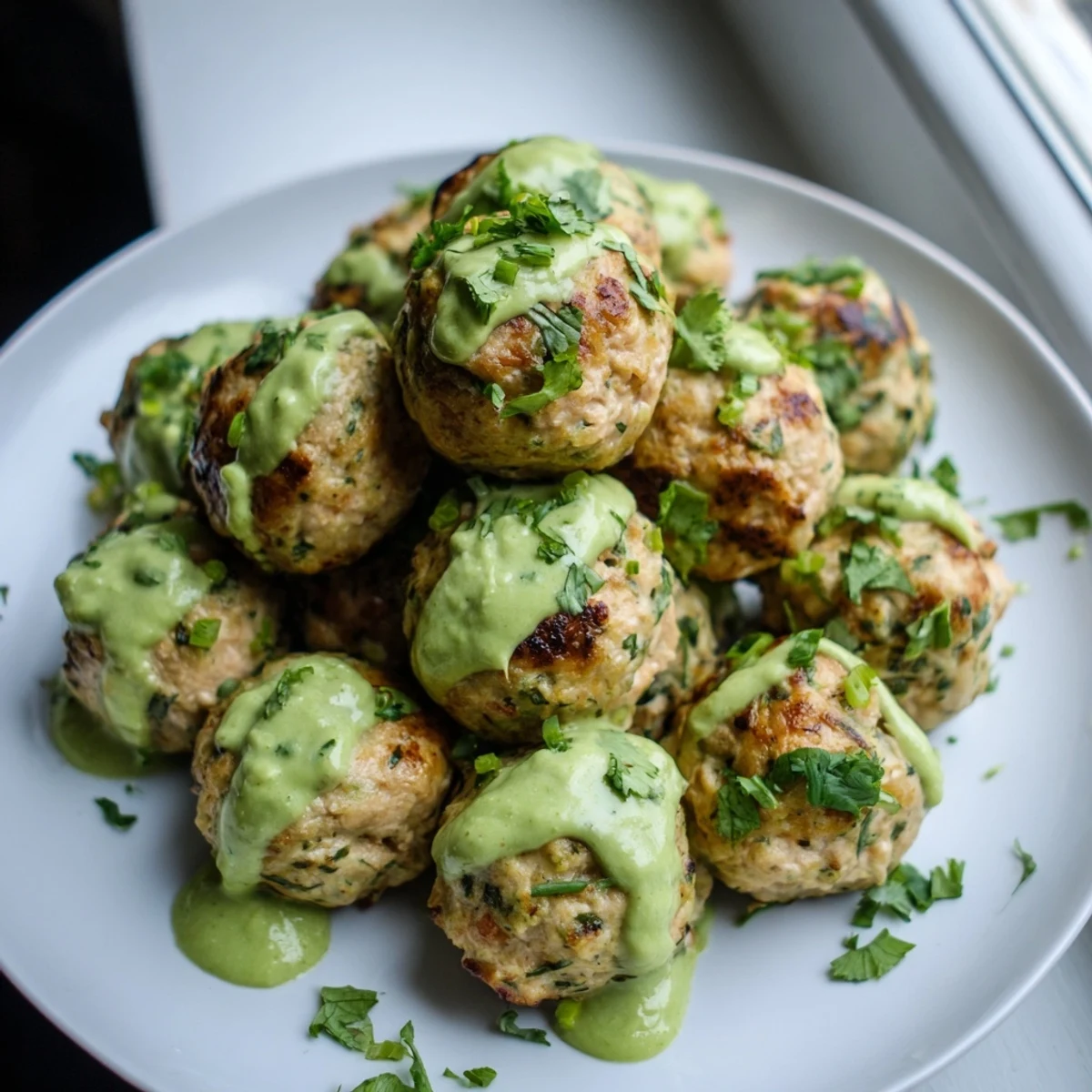 Tender salmon meatballs fresh from the oven paired with creamy avocado dipping sauce in a rustic bowl