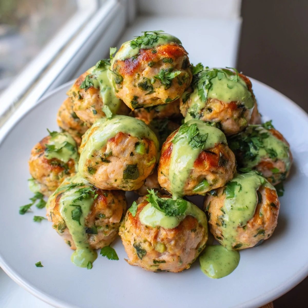Healthy baked salmon meatballs served alongside zesty avocado sauce on a wooden cutting board with fresh herbs