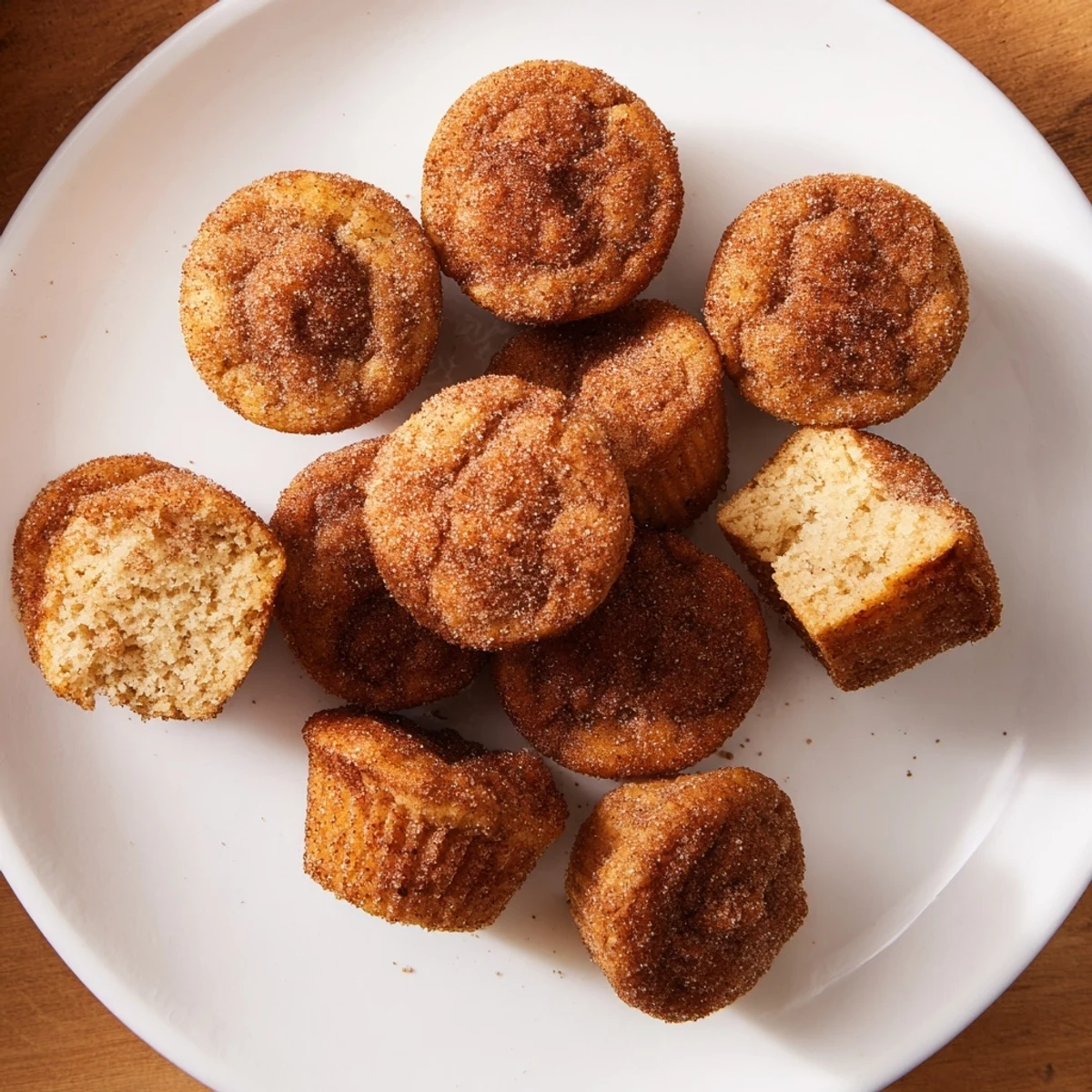 Golden cinnamon sugar mini muffins fresh from the oven with a crumbly, sweet coating