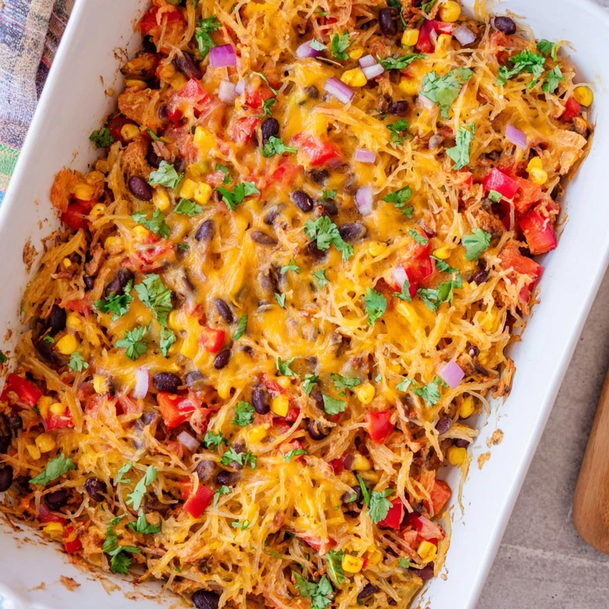 Vibrant vegetarian Mexican spaghetti squash casserole garnished with fresh cilantro and served with lime wedges