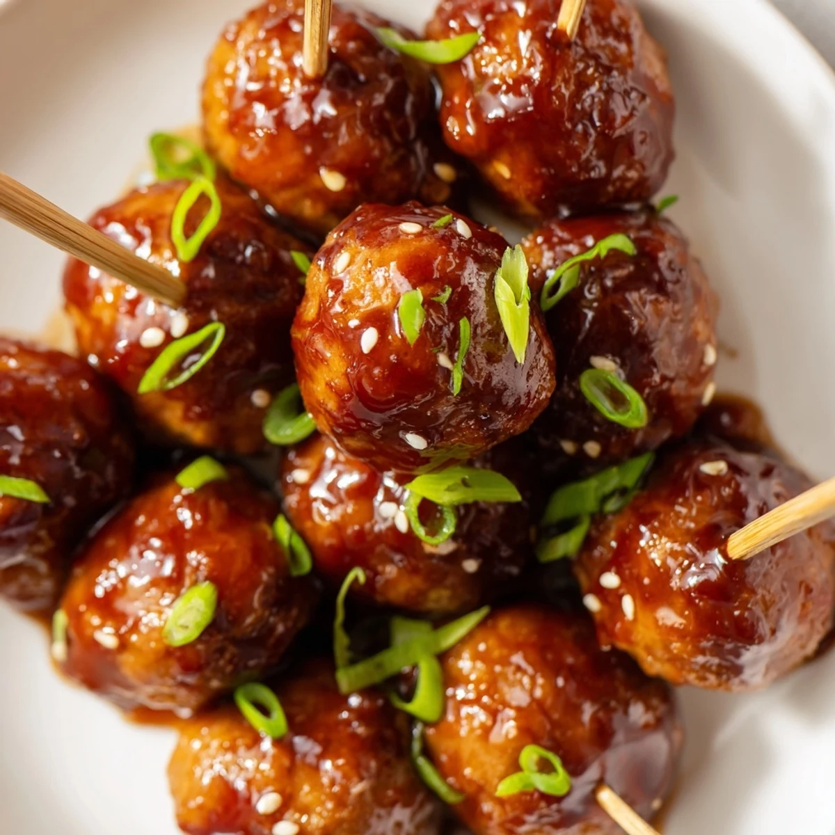 Golden Japanese chicken meatballs glistening with sticky sweet teriyaki glaze and garnished with sesame seeds