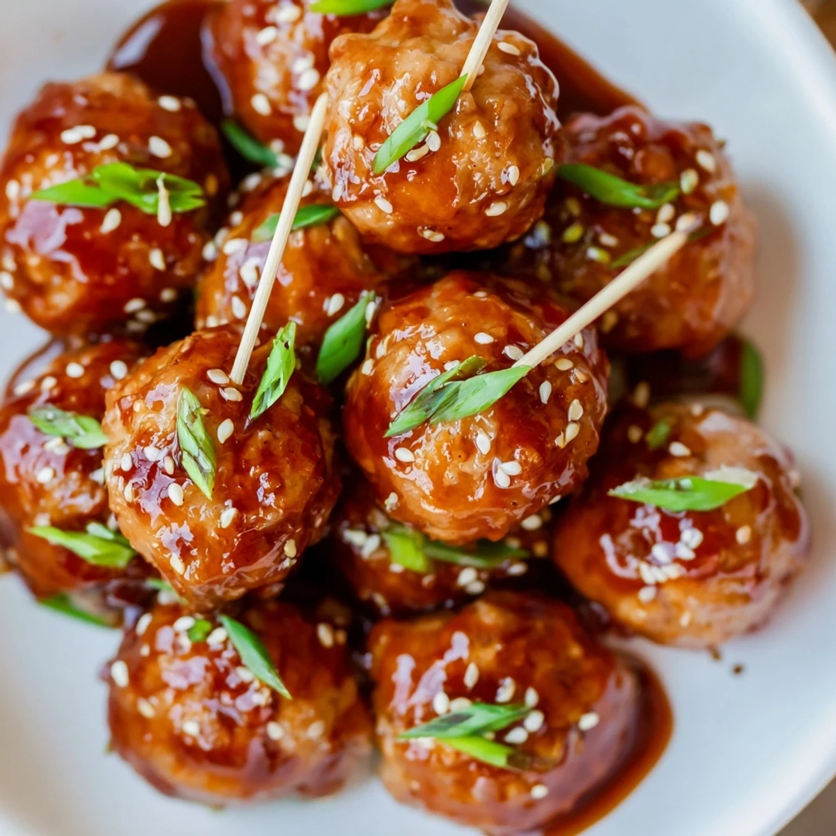 Crispy browned Japanese chicken meatballs coated in thick shiny teriyaki sauce topped with fresh green onion slices