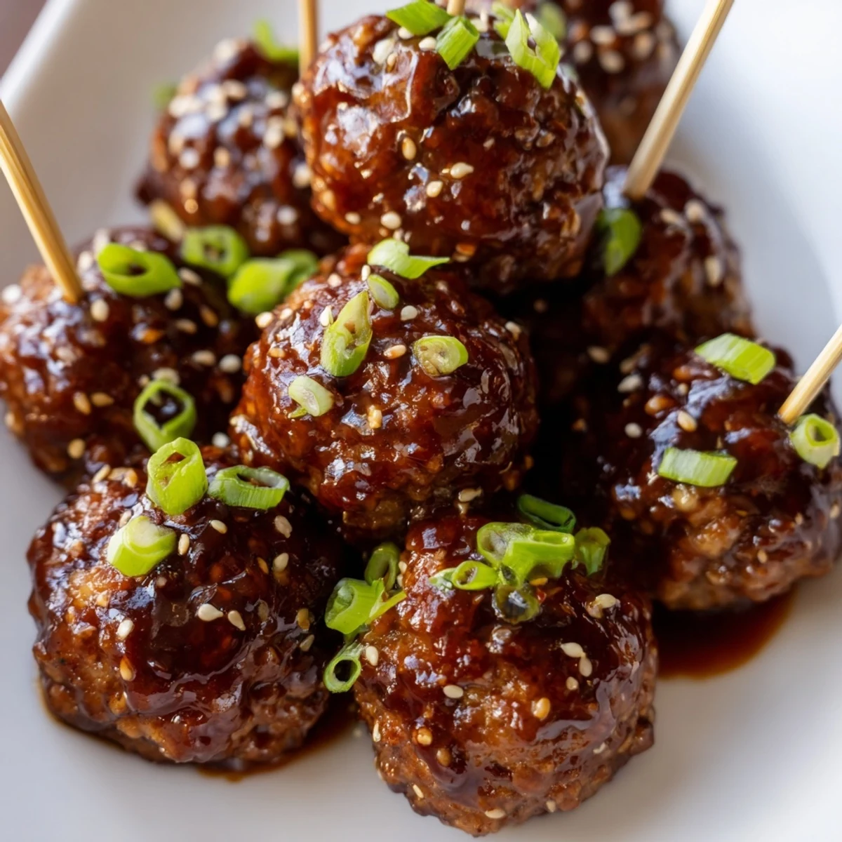 Juicy teriyaki glazed chicken meatballs arranged on white plate beside fluffy steamed rice bowl