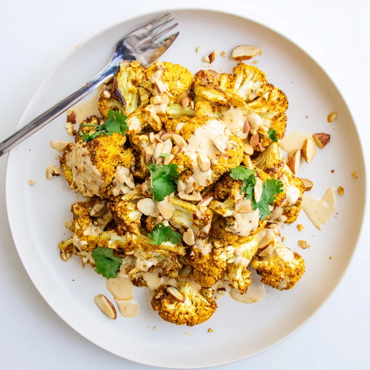 Golden roasted Moroccan cauliflower with tahini honey drizzle and fresh herb garnish on a white serving platter