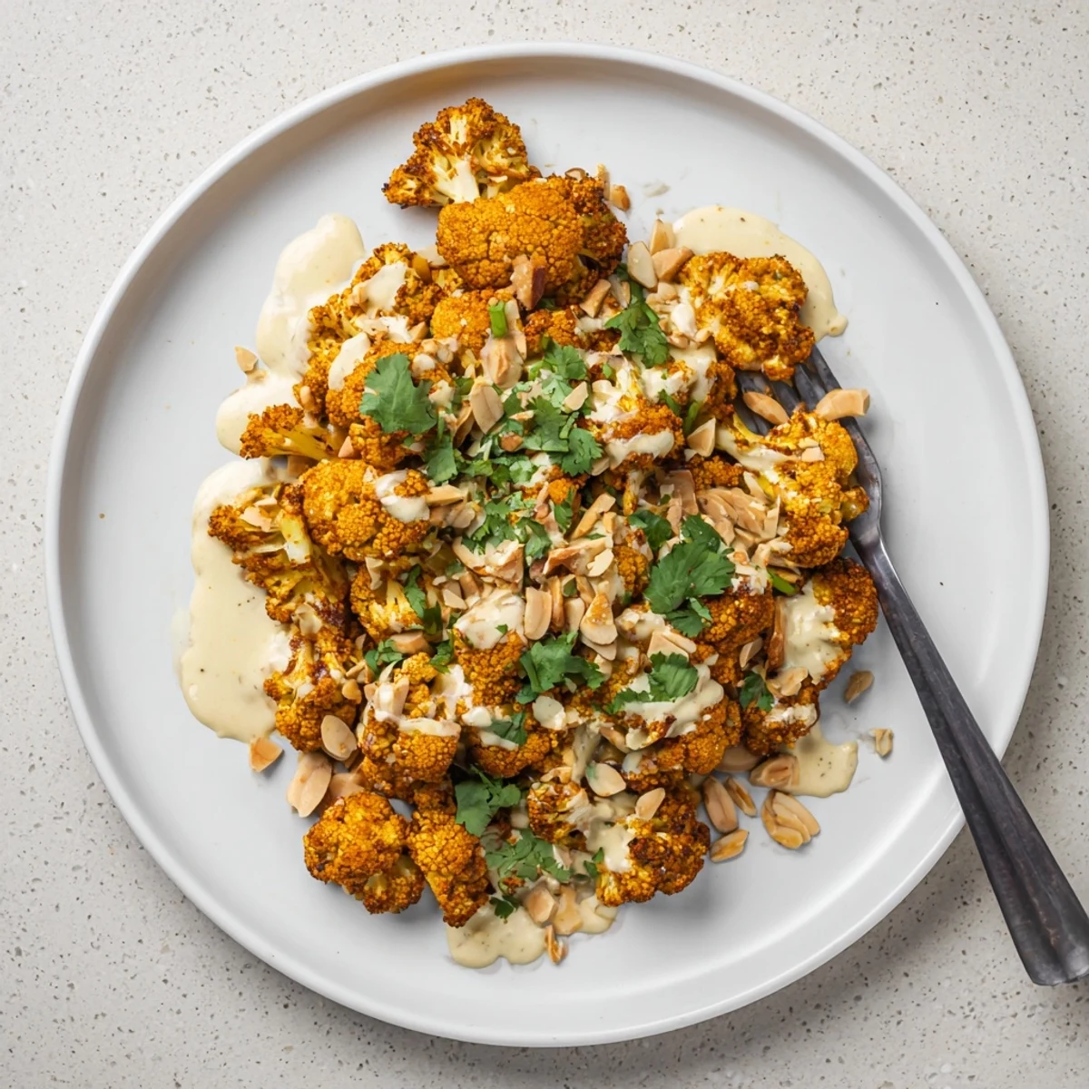 Spiced cauliflower florets coated in warm Moroccan spices topped with creamy tahini honey sauce and toasted almonds