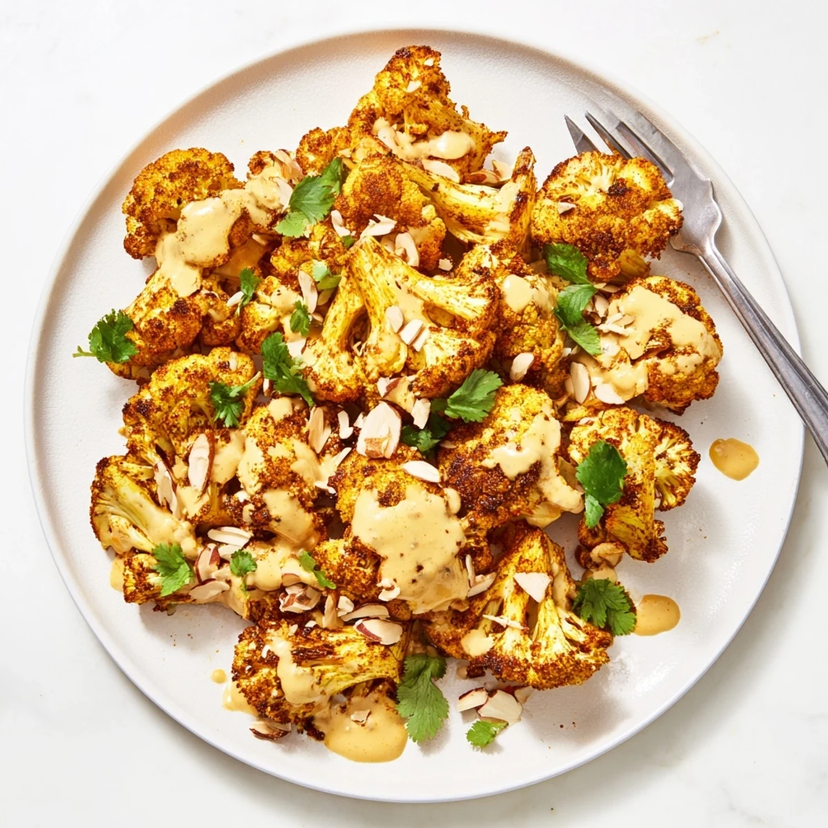 Caramelized Moroccan cauliflower with tahini honey glaze sprinkled with cilantro served as a vibrant appetizer