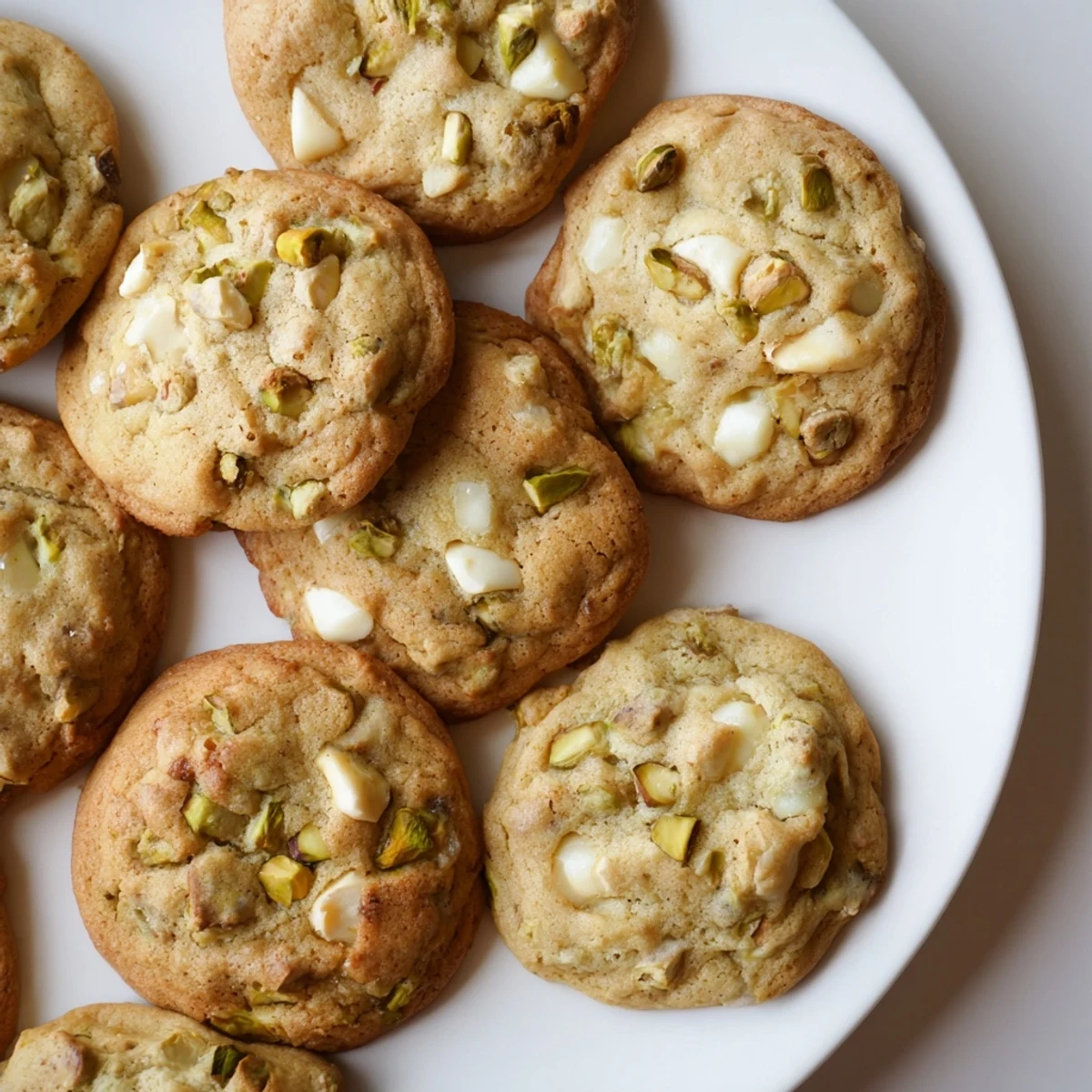 Stack of buttery white chocolate pistachio cookies studded with green nuts and white chocolate chips