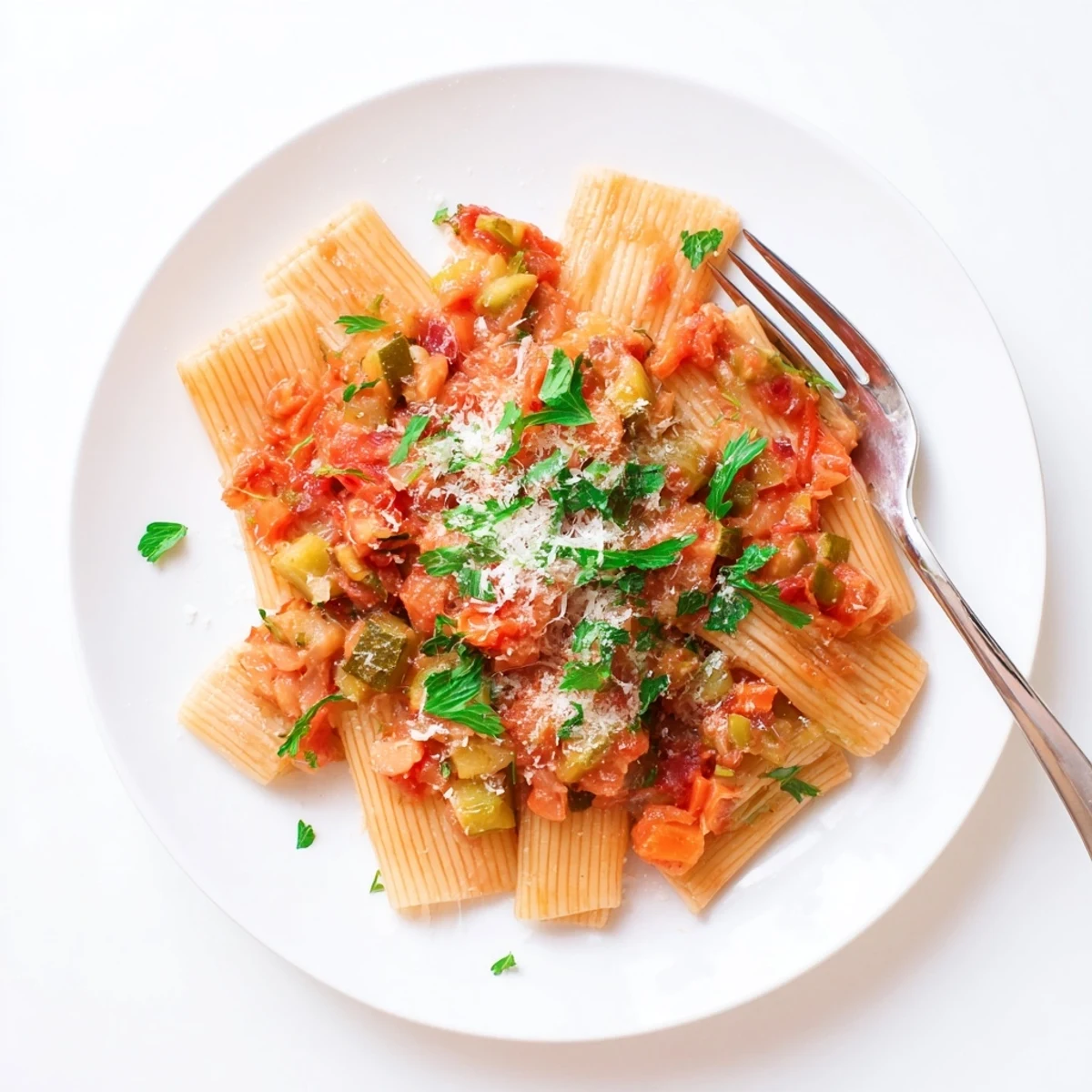 Golden Italian zucchini sauce simmers in a skillet with diced tomatoes and fresh green herbs