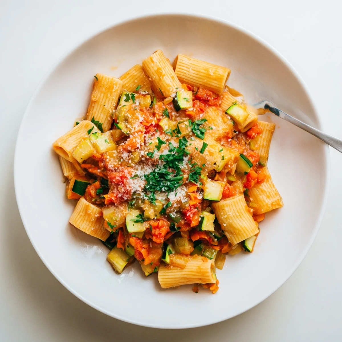 Creamy zucchini pasta sauce topped with grated Parmesan cheese and chopped parsley over al dente noodles