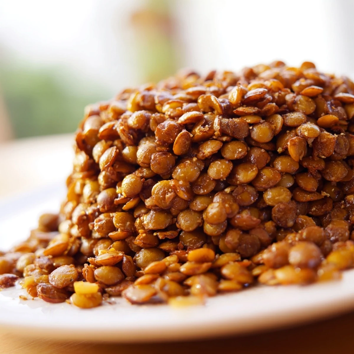 Golden brown crispy roasted lentils scattered on a white baking sheet with smoked paprika seasoning