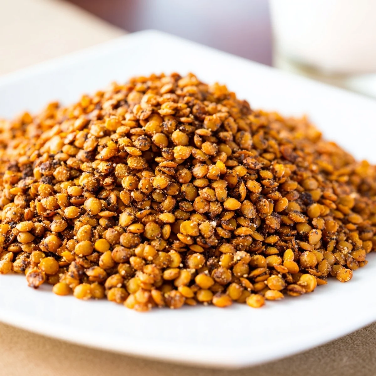 Close up of crunchy seasoned roasted lentils in a rustic ceramic bowl ready for snacking
