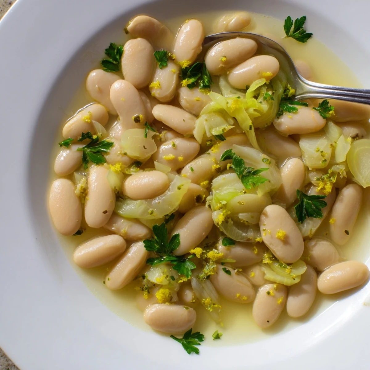 Creamy butter beans with tender leeks simmered in a skillet, garnished with fresh parsley