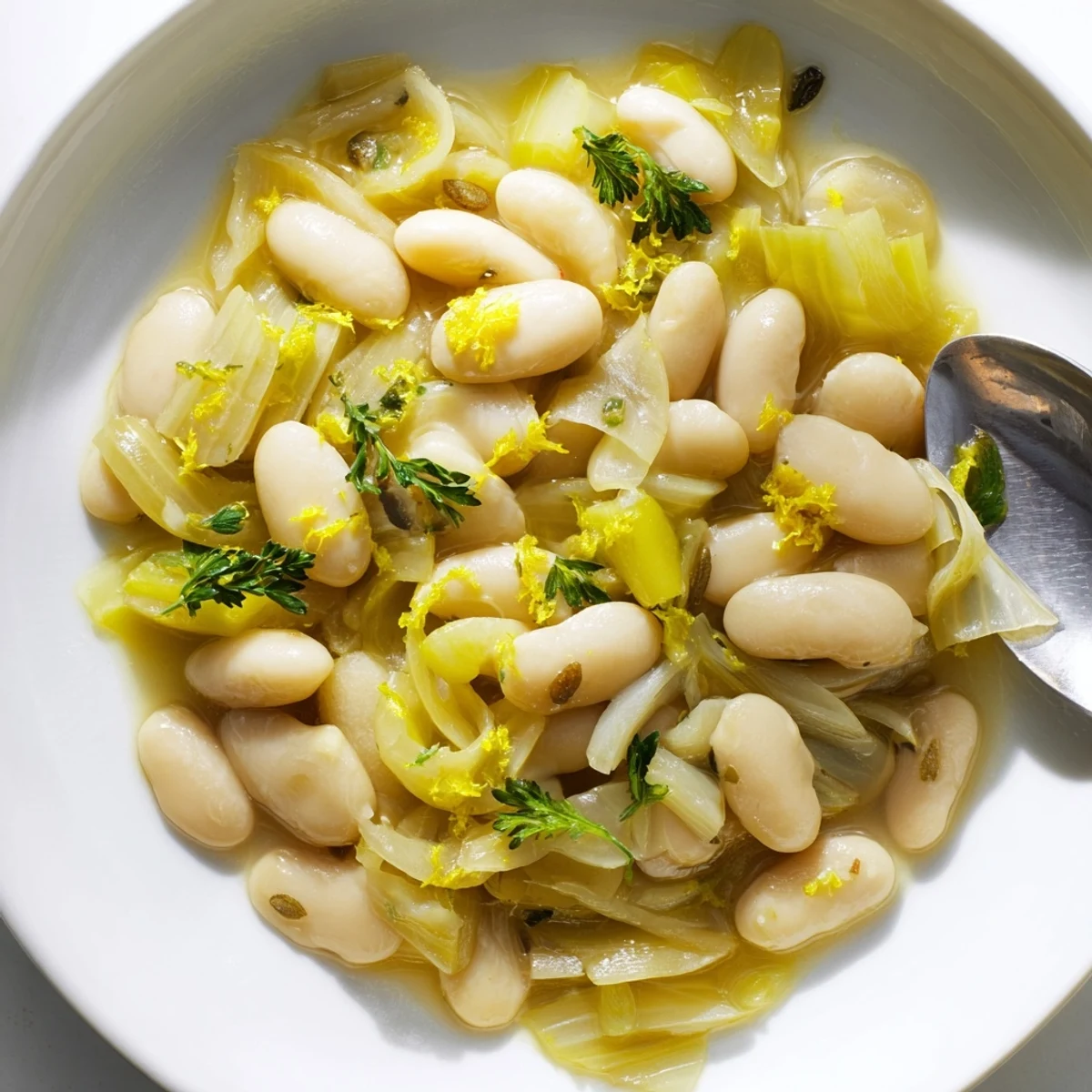 Rustic butter beans and leeks dish served in a bowl with crusty bread on the side