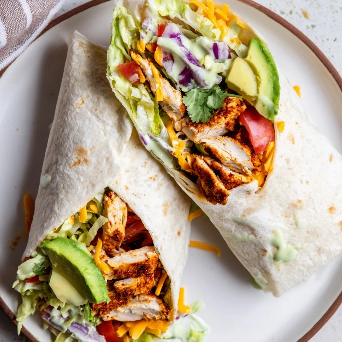 Handheld spicy chicken avocado wrap filled with seasoned grilled chicken, ripe avocado slices, crisp lettuce, and tangy sriracha sauce