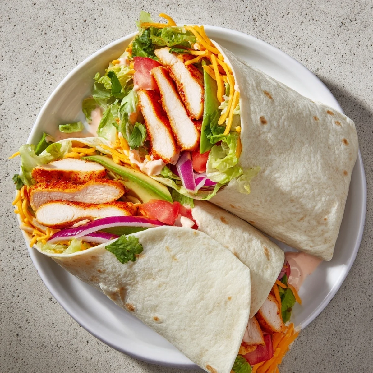 Spicy chicken avocado wraps layered with sliced chicken, fresh vegetables, and creamy zesty sauce in a soft tortilla