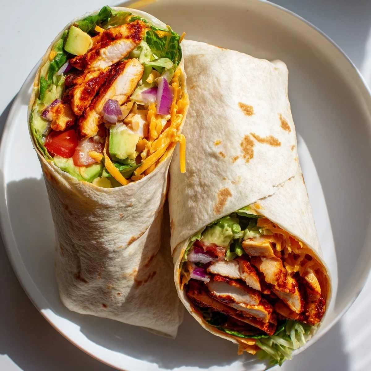 Sliced spicy chicken avocado wraps on a wooden board showcasing juicy spiced chicken, melted cheese, and vibrant fresh toppings