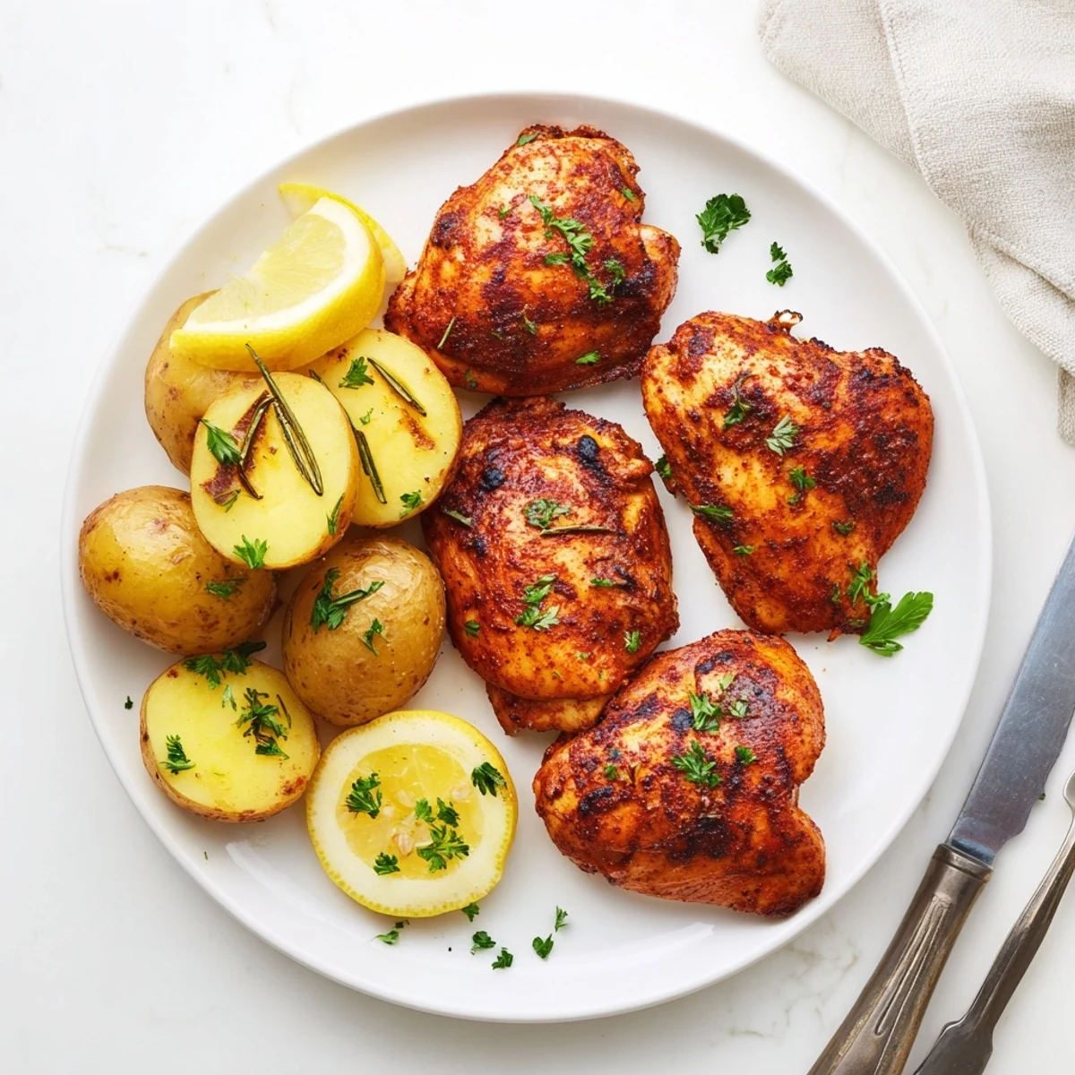 Golden brown grilled chicken breasts served with crispy roasted Yukon Gold potatoes on a white plate