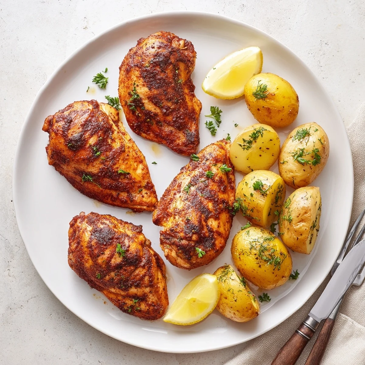 Perfectly grilled chicken sliced and plated with golden crispy potatoes finished with herbs and citrus