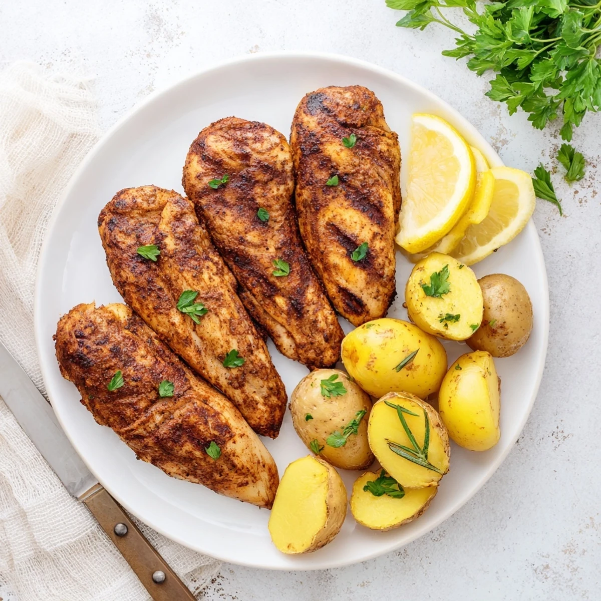 Juicy seasoned grilled chicken alongside perfectly roasted baby potatoes garnished with fresh parsley and lemon wedges