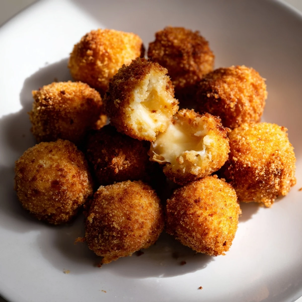 Golden crispy mozzarella cheese balls with gooey melted center on serving platter