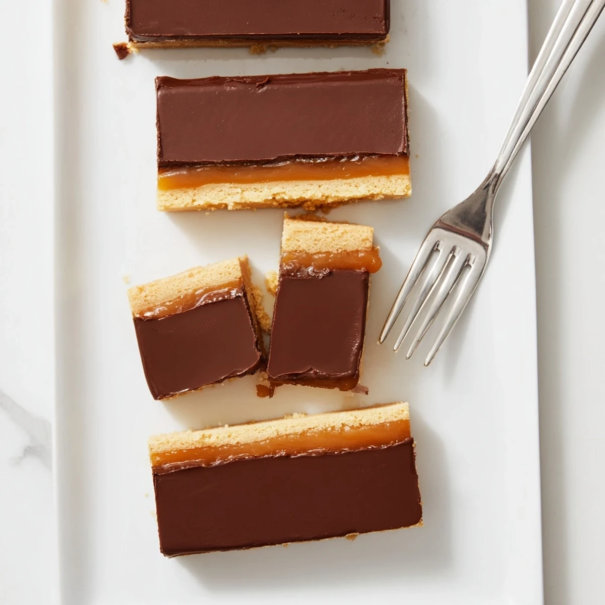 Homemade Twix bars showcasing three distinct layers of golden shortbread, gooey caramel, and smooth milk chocolate topping