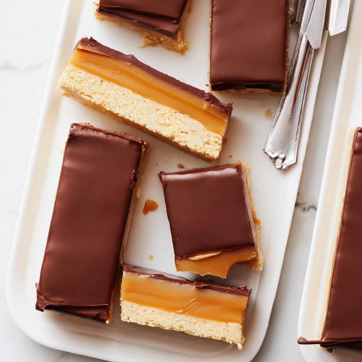 Decadent Twix dessert bars with buttery shortbread base and rich caramel layer topped with glossy melted chocolate