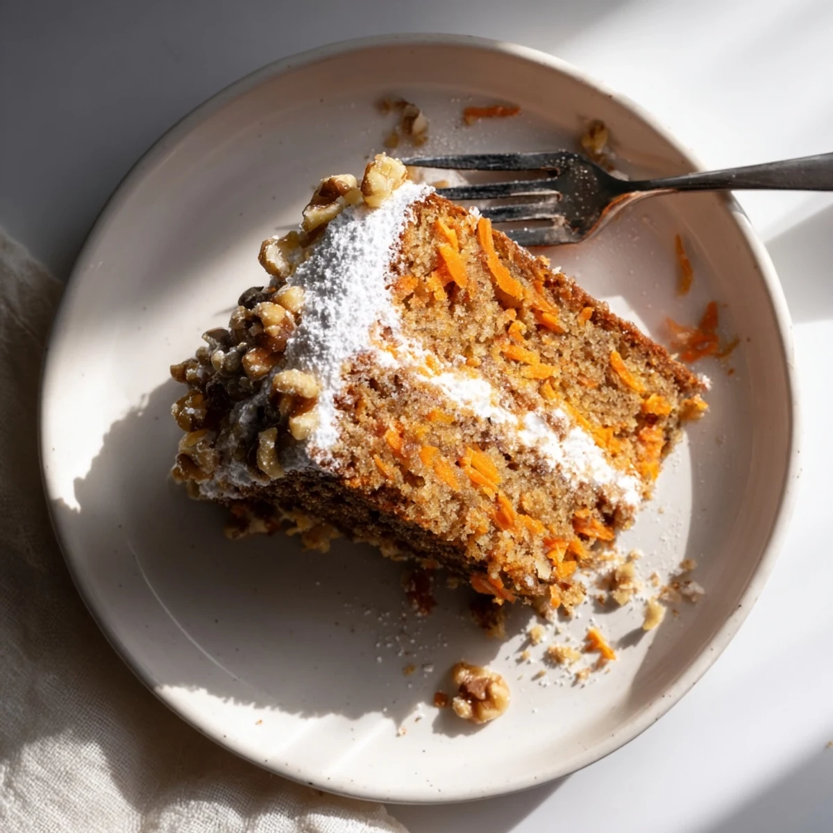 Golden Greek yogurt carrot cake slice studded with grated carrots and crunchy walnuts on a white plate