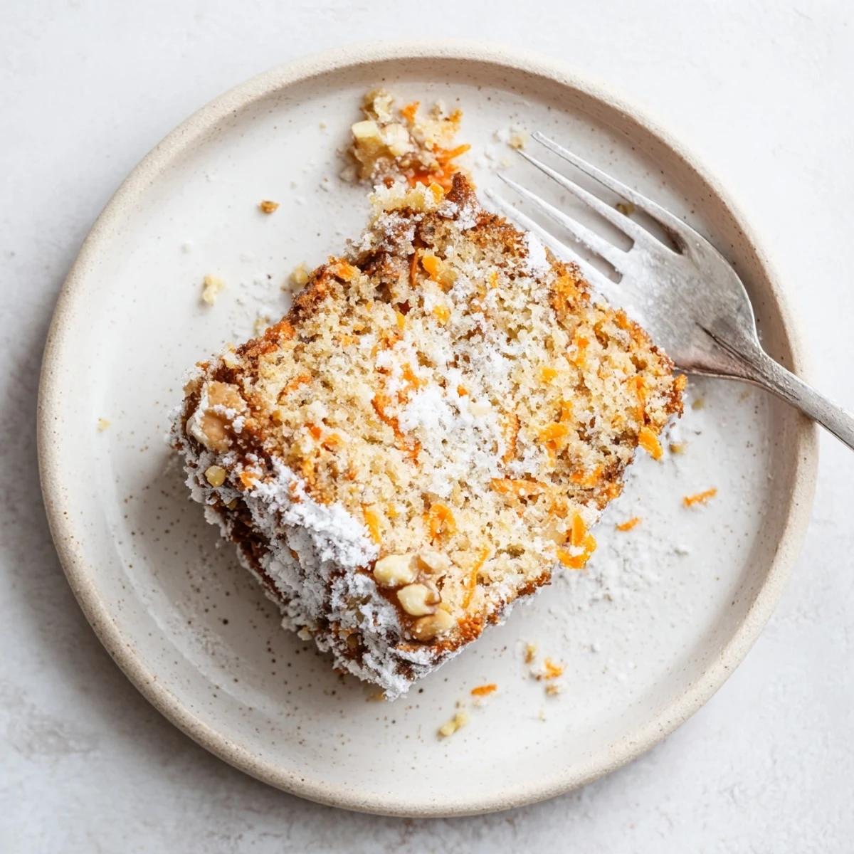 Moist one-bowl carrot cake made with Greek yogurt, topped with powdered sugar and fresh carrot shavings