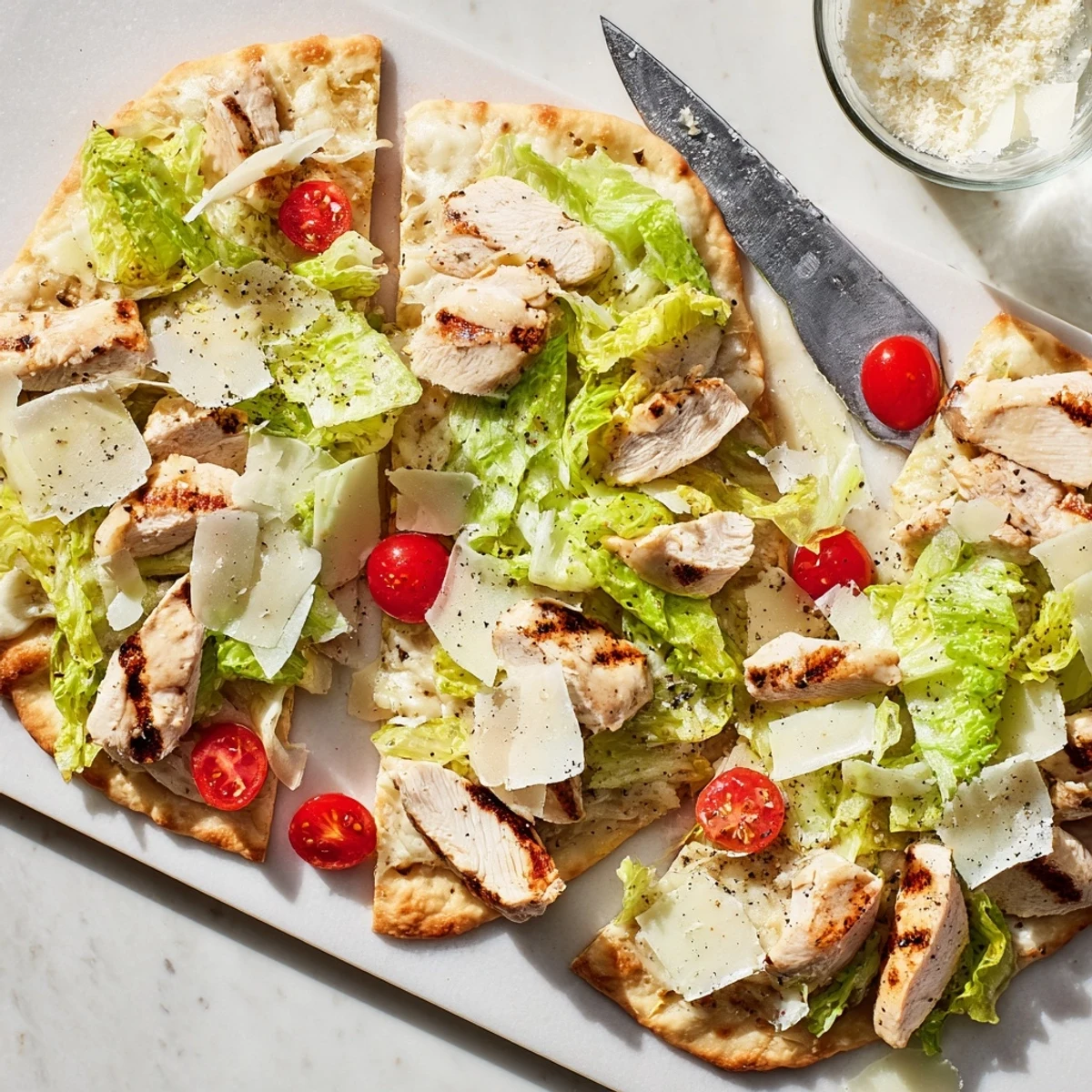 Golden chicken Caesar flatbread topped with melted mozzarella, crisp romaine lettuce, and shaved parmesan cheese