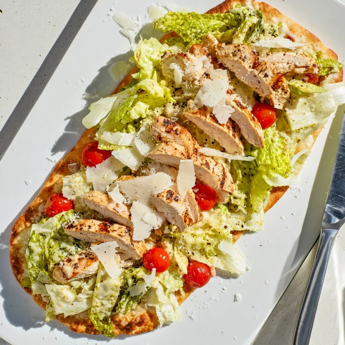 Sliced grilled chicken rests on cheesy flatbread finished with cool dressed romaine and cracked black pepper