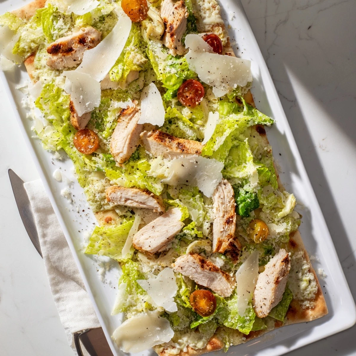 Crispy baked flatbread layered with seasoned chicken breast, creamy Caesar dressing, and fresh chopped lettuce