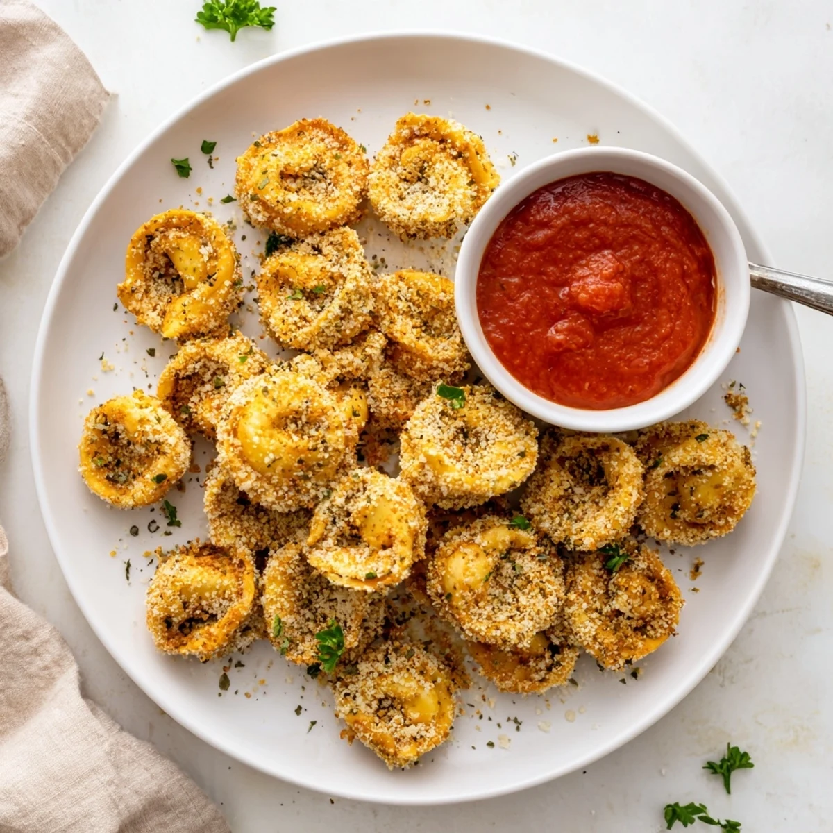Golden air fryer tortellini arranged on a white platter with a small bowl of marinara sauce for dipping