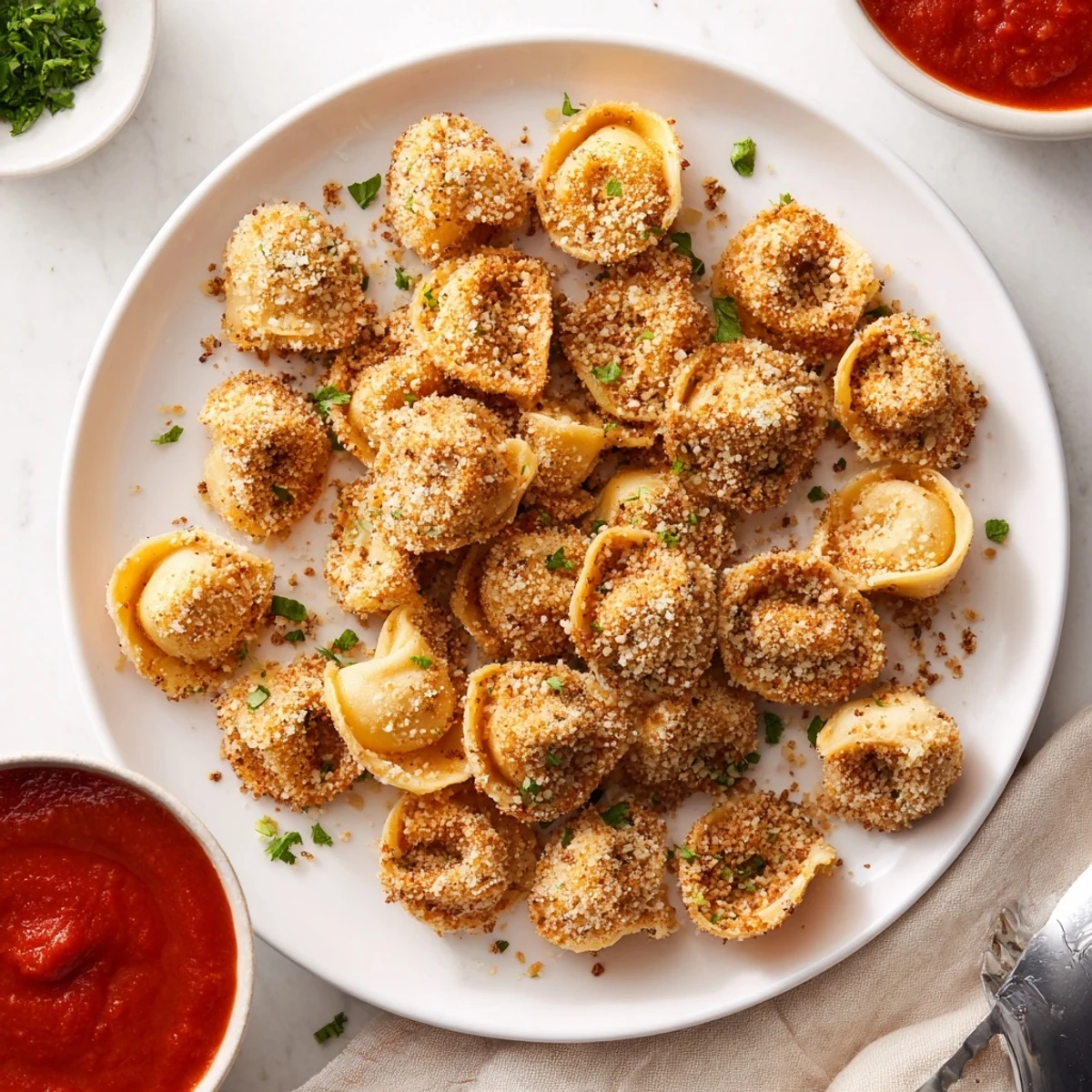 Plate of Italian-style air fryer tortellini sprinkled with fresh parsley beside a ramekin of warm red marinara