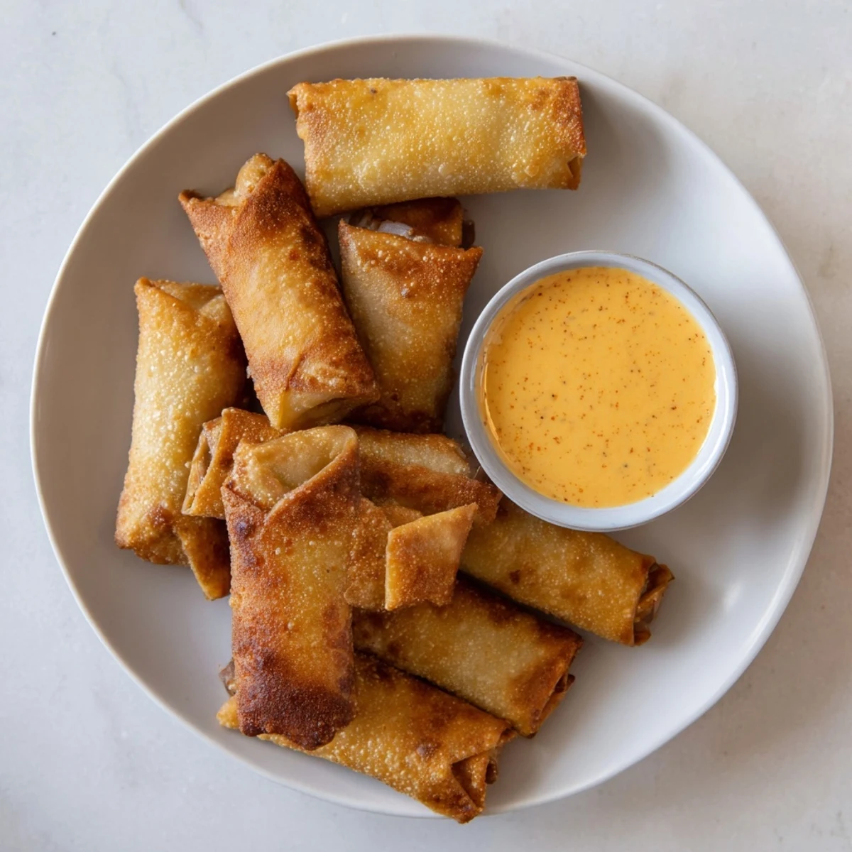 Golden crispy Voodoo Egg Rolls filled with seasoned Cajun chicken and colorful vegetables served with zesty dipping sauce