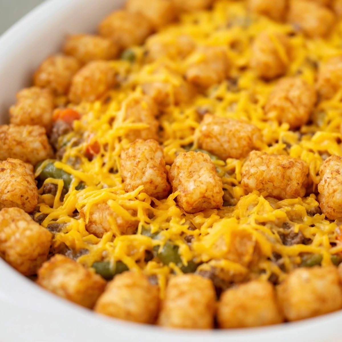 Golden brown cheesy ground beef tater tot casserole with melted cheddar and crispy tots bubbling hot