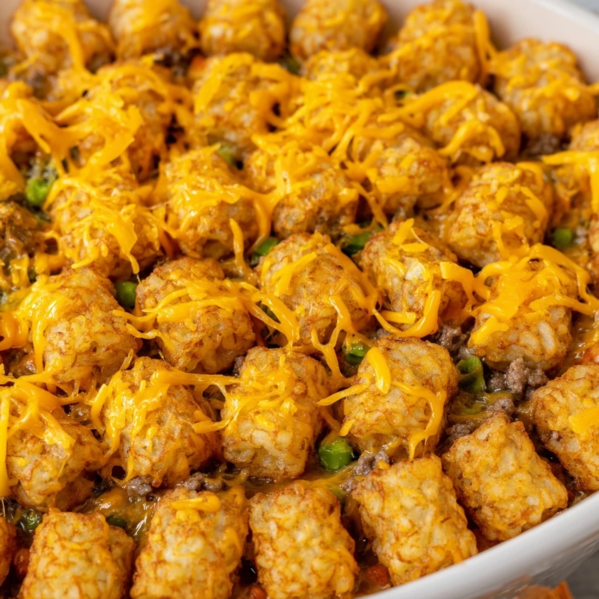 Baked cheesy ground beef tater tot casserole fresh from oven with steam rising and cheese oozing