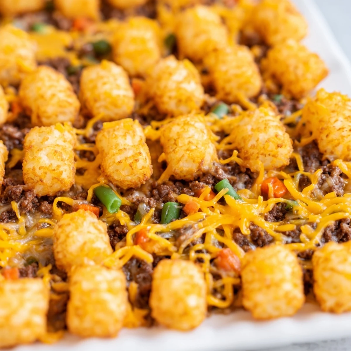 Family style cheesy ground beef tater tot casserole topped with golden crispy potato tots and melted cheddar