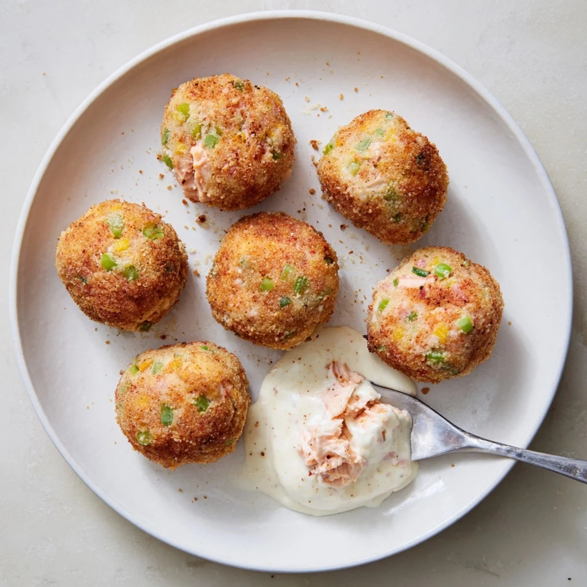 Golden brown Southern salmon croquettes served on a white plate with zesty remoulade dipping sauce