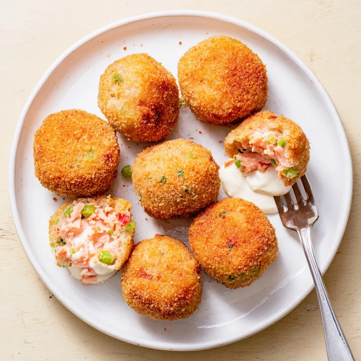 Pan-fried Southern salmon croquettes with tender flaky interior plated alongside creamy coleslaw and tangy sauce