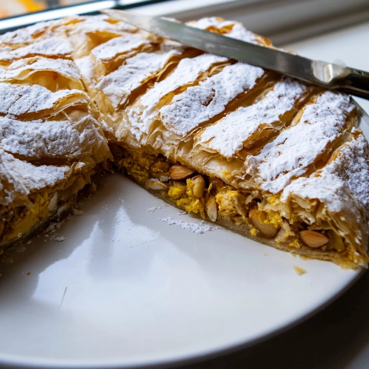 Golden Moroccan Bstilla pie featuring layers of spiced chicken and crisp phyllo pastry dusted with cinnamon sugar