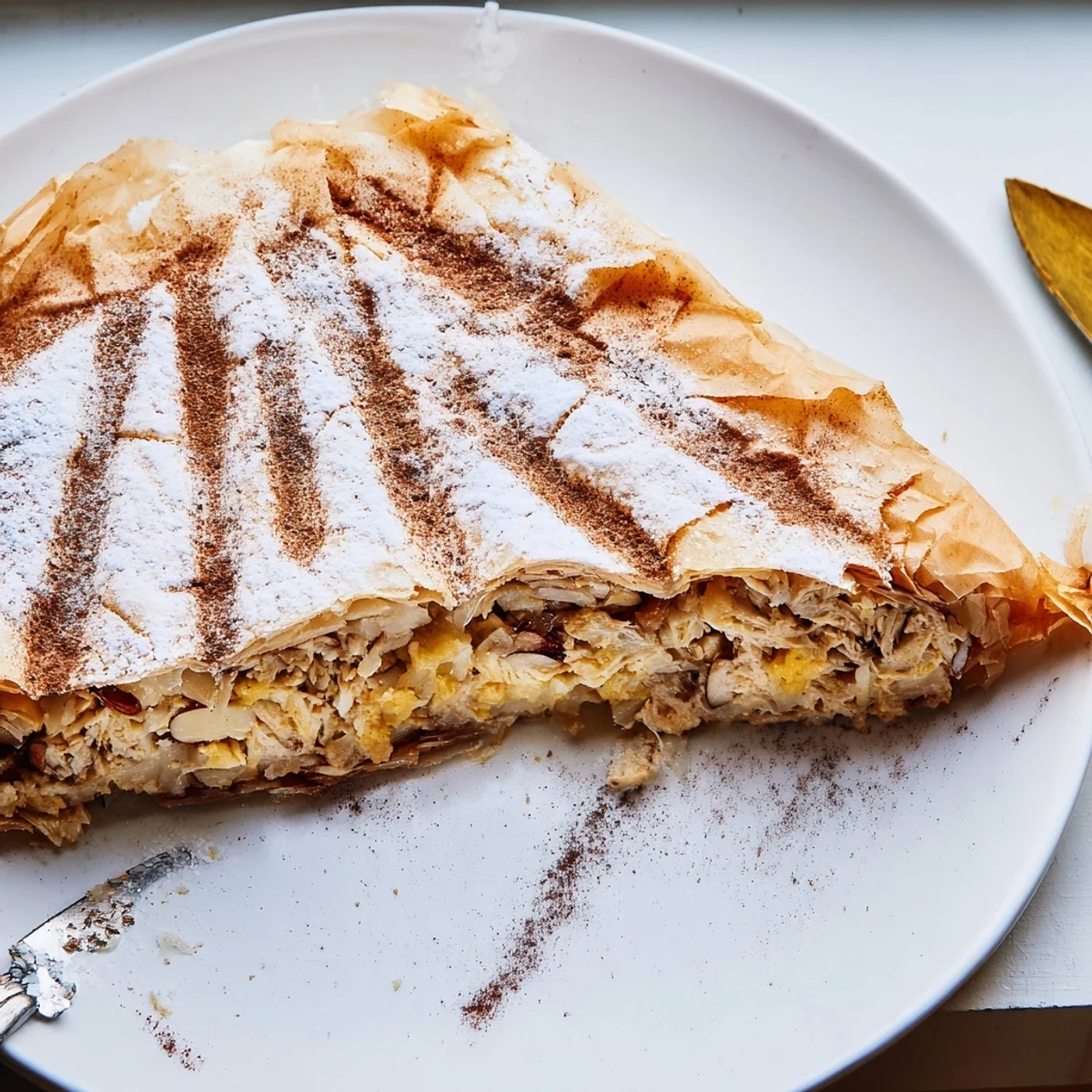 Moroccan Bstilla sliced to reveal tender chicken eggs and almonds wrapped in buttery golden pastry layers