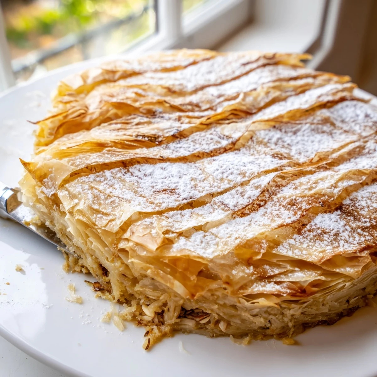 Traditional Moroccan Bstilla with sweet and savory spiced poultry filling nestled in flaky warqa pastry topped with powdered sugar