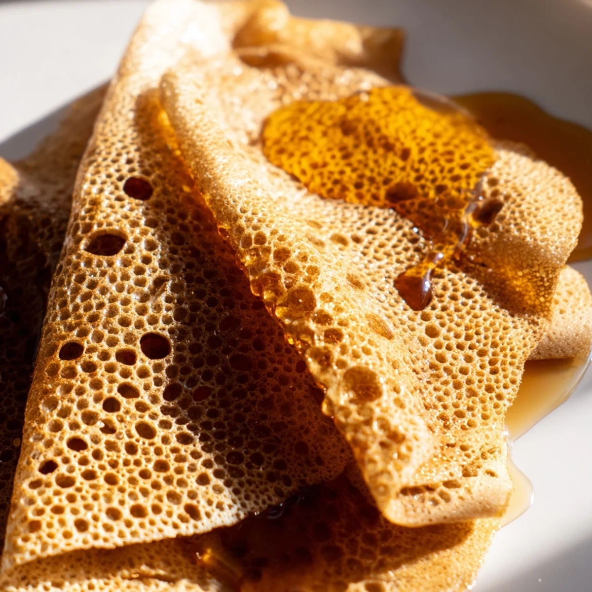 Golden stack of Moroccan baghrir pancakes topped with melted butter and honey